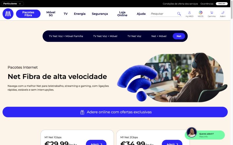 Página de pacotes de internet do site meo.pt