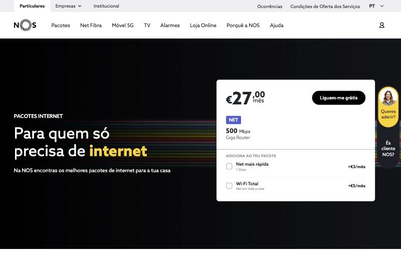 Página de pacotes de internet do site nos.pt