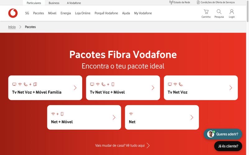 Página de pacotes do site vodafone.pt