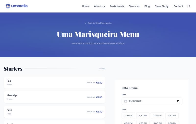 Página de menu e reservas da Uma Marisqueira
